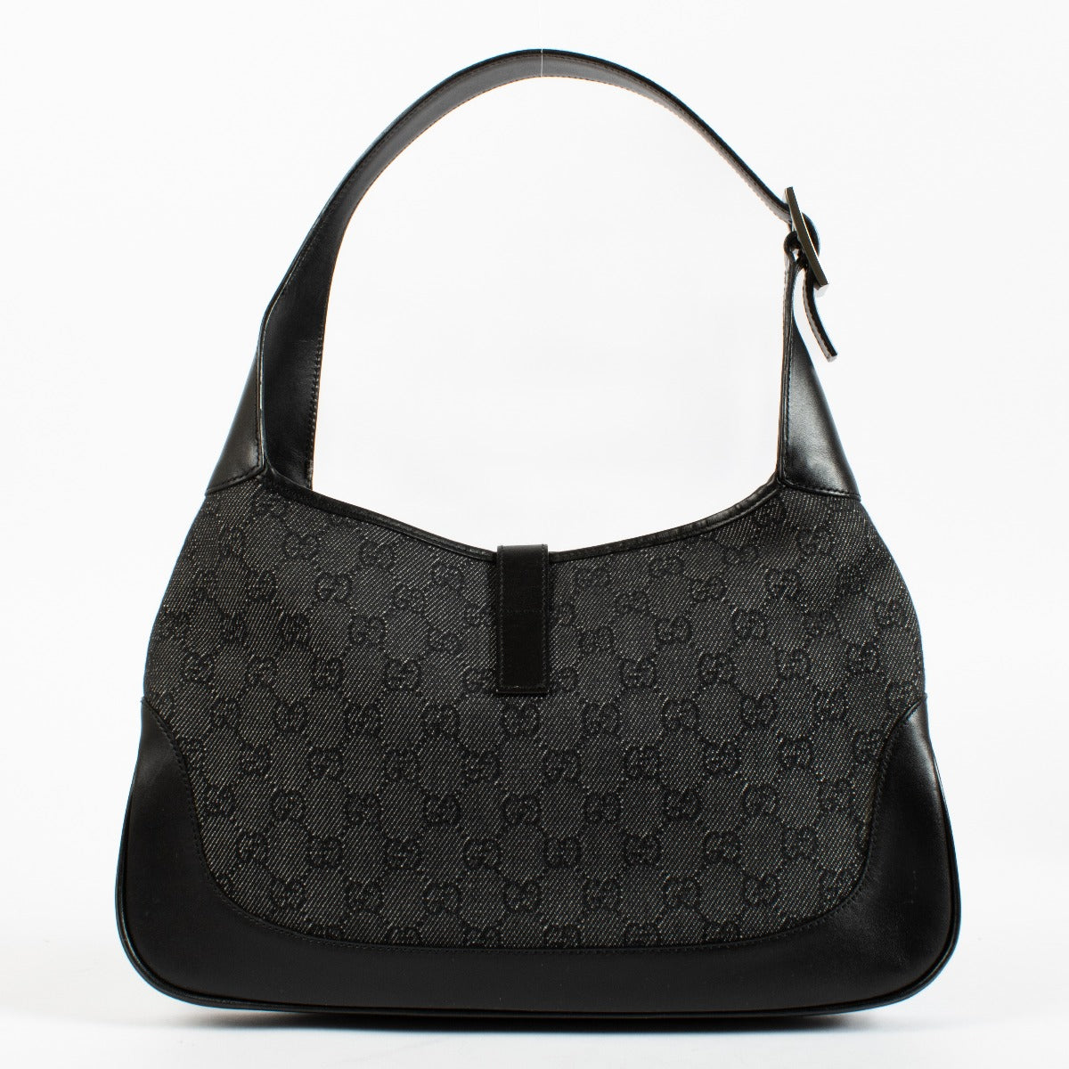 Authentic pre-loved Gucci Jackie Black GG Monogram Canvas Leather Shoulder Bag on Labellov.com
