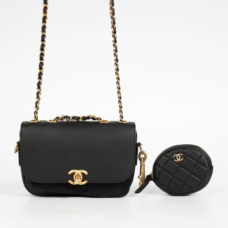 Chanel 19K Black Calfskin Multi Pouching Flap Bag With Coin Purse