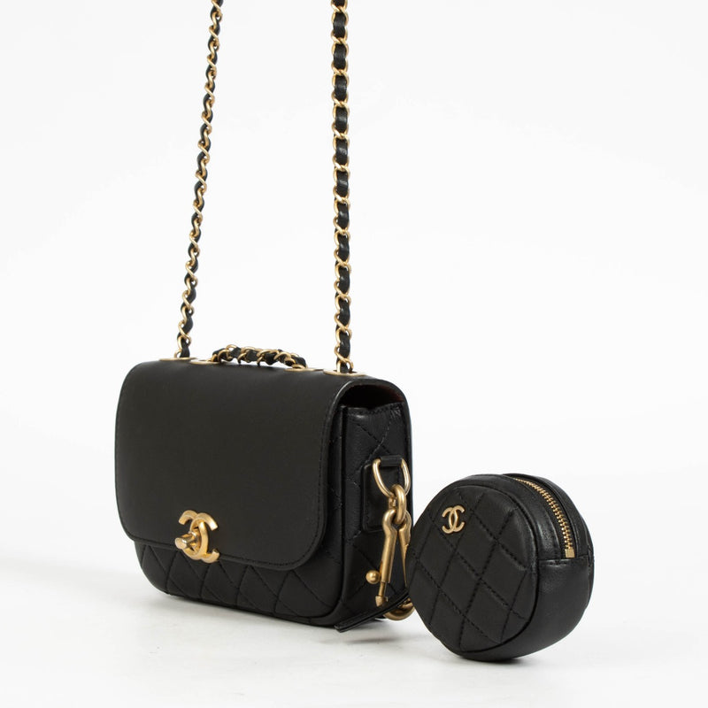 Chanel 19K Black Calfskin Multi Pouching Flap Bag With Coin Purse