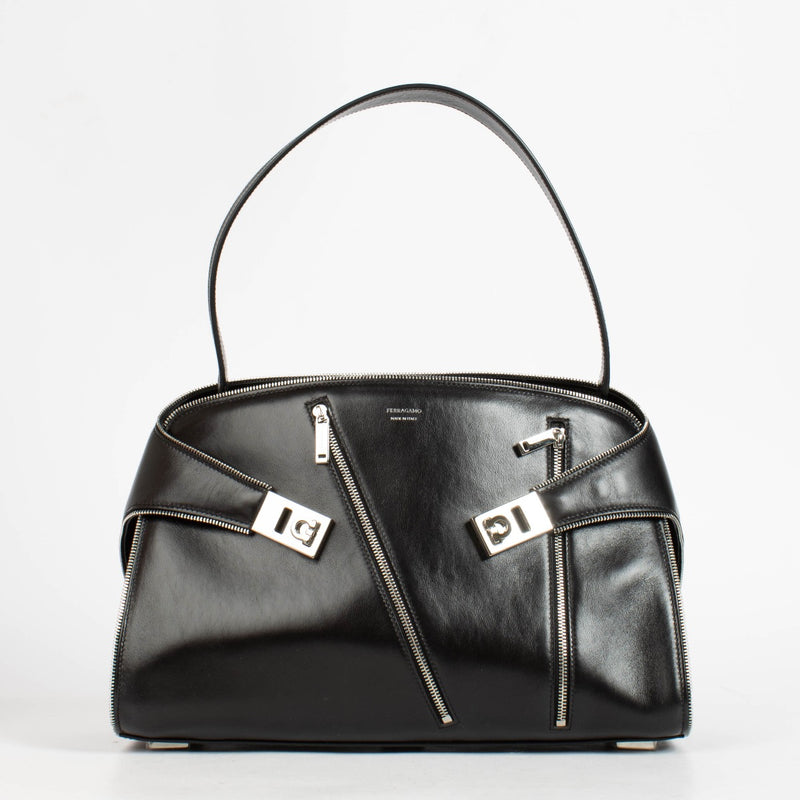 Shop the authentic Ferragamo Black Multi Zip Medium Hug Soft Bag on Labellov.com
