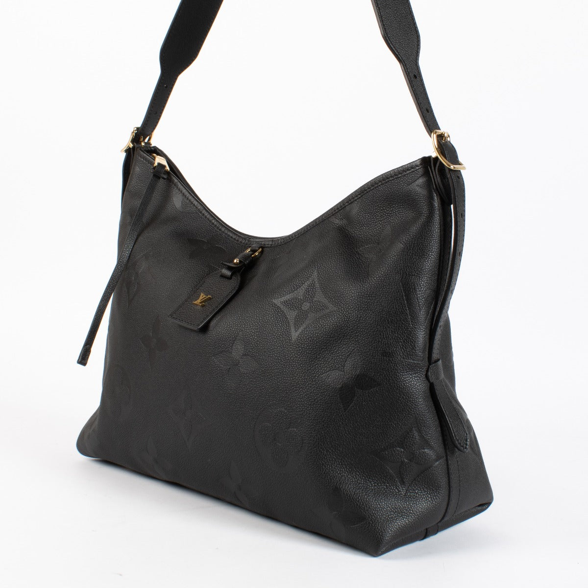 Louis Vuitton CarryAll “Carall” in black Monogram Empreinte leather — a sleek, versatile shoulder hobo bag in excellent pre-loved condition.