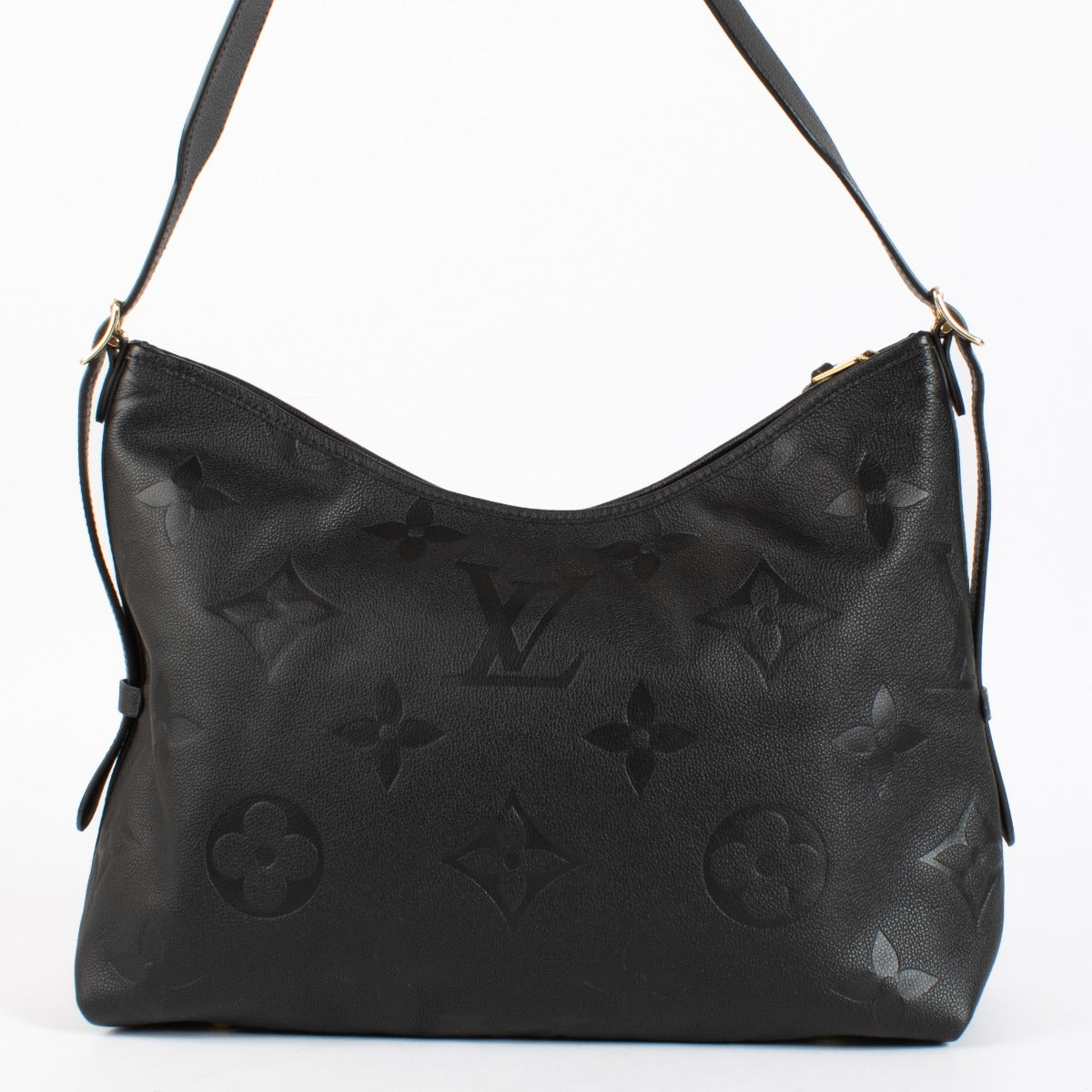 Louis Vuitton CarryAll “Carall” in black Monogram Empreinte leather — a sleek, versatile shoulder hobo bag in excellent pre-loved condition.