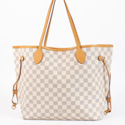 Louis Vuitton Neverfull MM Damier Azur tote with natural leather trim. A timeless, spacious LV icon in very good pre-loved condition.