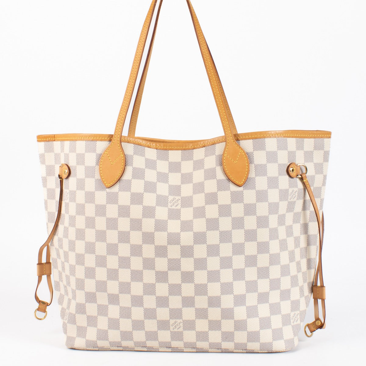 Louis Vuitton Neverfull MM Damier Azur tote with natural leather trim. A timeless, spacious LV icon in very good pre-loved condition.