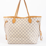 Louis Vuitton Neverfull MM Damier Azur tote with natural leather trim. A timeless, spacious LV icon in very good pre-loved condition.