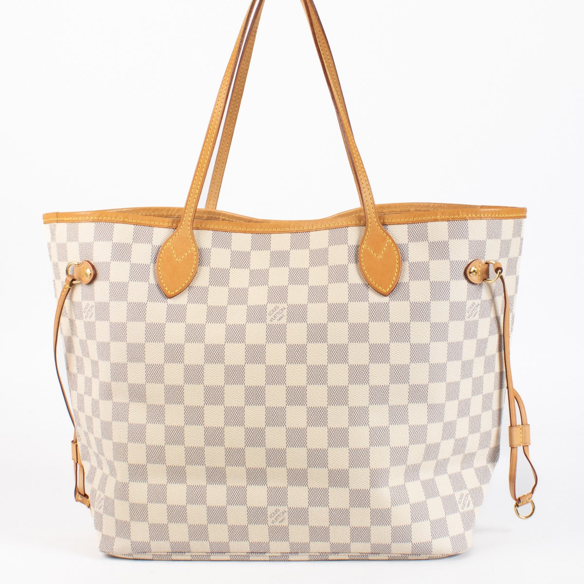 Louis Vuitton Neverfull MM Damier Azur tote with natural leather trim. A timeless, spacious LV icon in very good pre-loved condition.