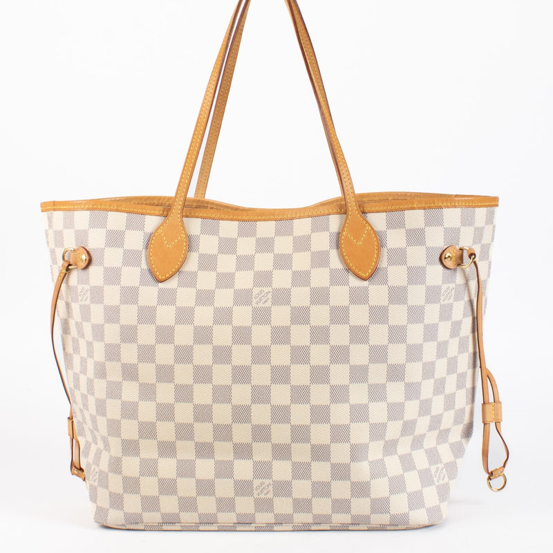 Louis Vuitton Neverfull MM Damier Azur tote with natural leather trim. A timeless, spacious LV icon in very good pre-loved condition.