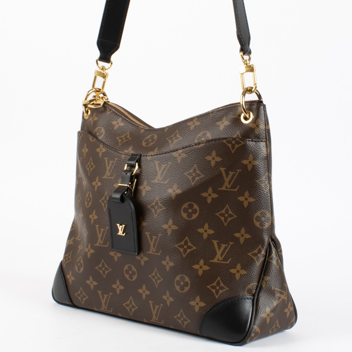 Louis Vuitton Odeon MM Monogram Canvas with black leather trim and gold-tone hardware. A chic, versatile everyday bag in excellent condition.