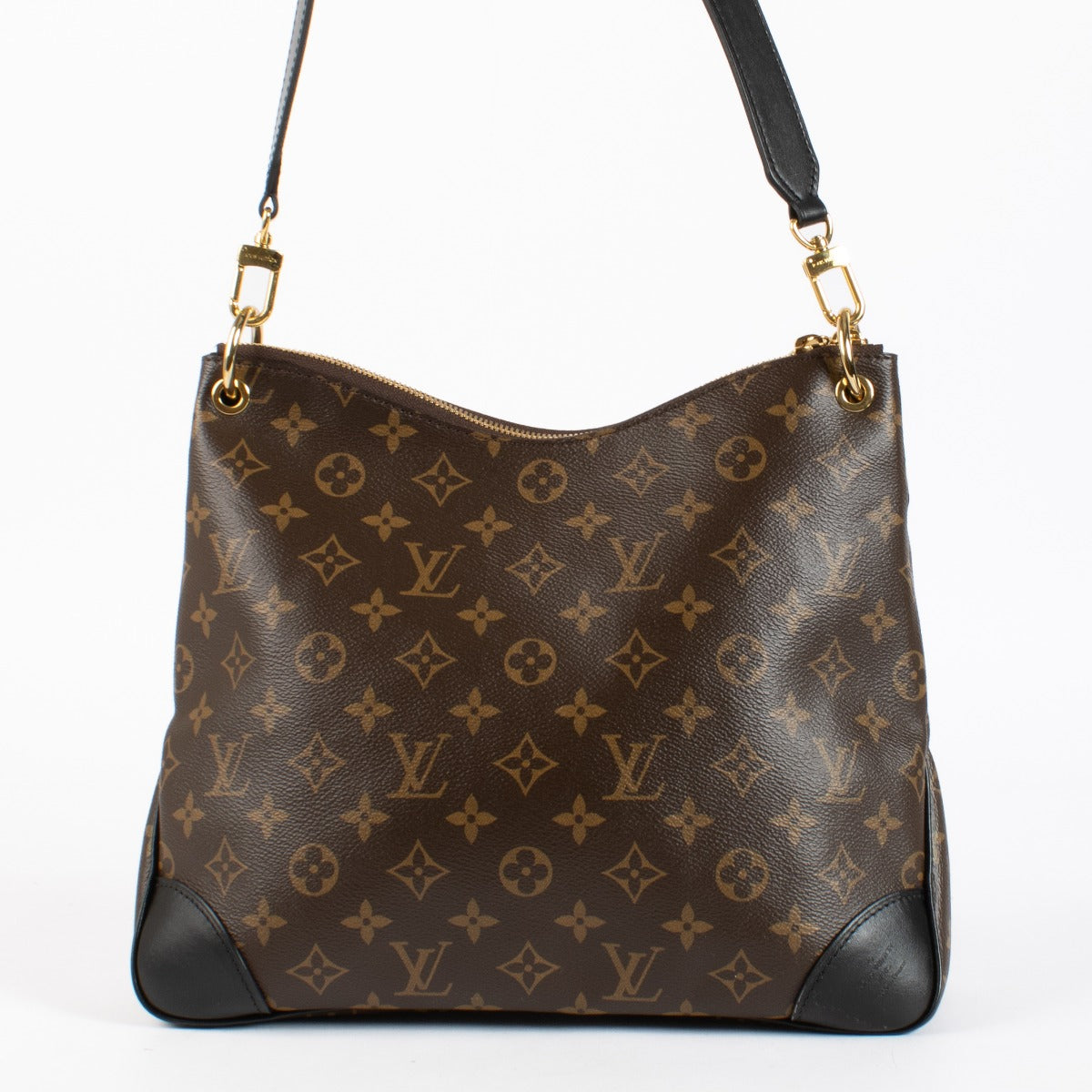 Louis Vuitton Odeon MM Monogram Canvas with black leather trim and gold-tone hardware. A chic, versatile everyday bag in excellent condition.