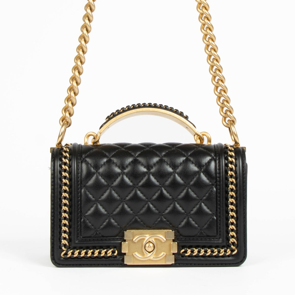 Sac Chanel Boy petit modèle avec anse en veau noir et chaîne entrelacée