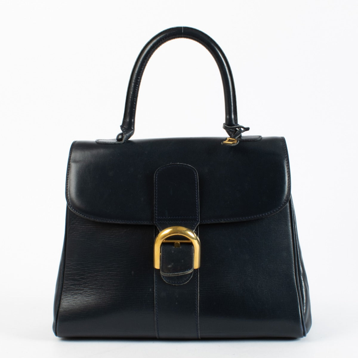 Delvaux 1960s Marine Blue Leather Brillant MM in smooth box leather with gold-tone hardware, available at Labellov.com