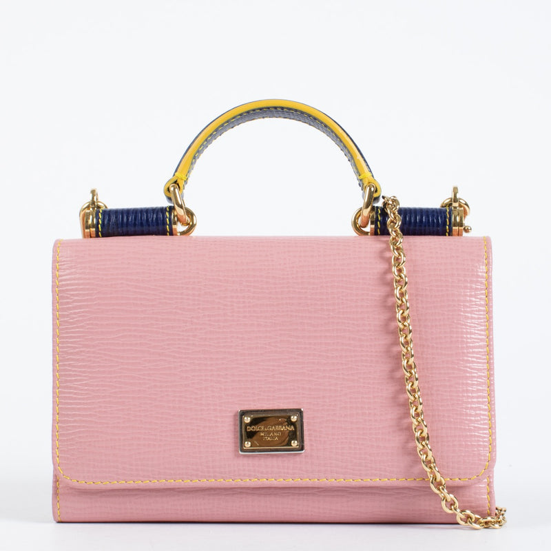 Dolce & Gabbana Pink Miss Sicily Von Bag with gold hardware and navy handle at Labellov.com.