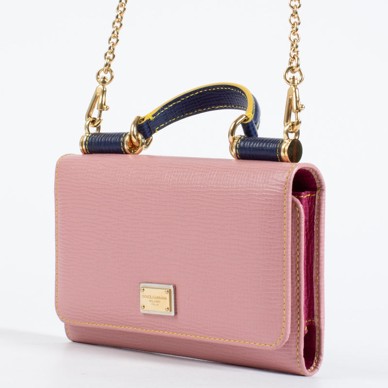 Dolce & Gabbana Pink Miss Sicily Von Bag with gold hardware and navy handle at Labellov.com.