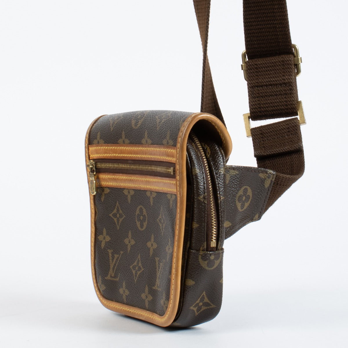 Louis Vuitton Monogram Bosphore Bum Bag crossbody in brown canvas with gold-tone hardware.