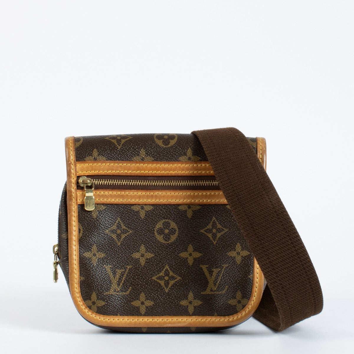 Louis Vuitton Monogram Bosphore Bum Bag crossbody in brown canvas with gold-tone hardware.