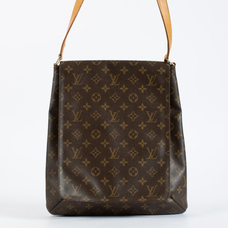 Louis Vuitton Monogram Salsa Musette GM crossbody bag in brown coated canvas with natural leather strap, available at Labellov.com