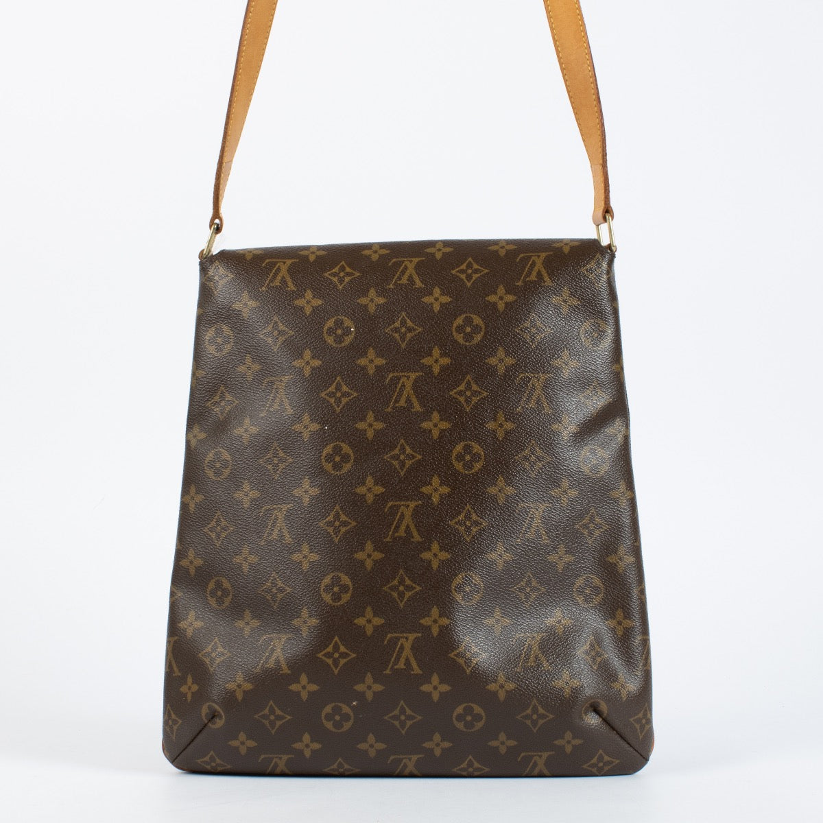 Louis Vuitton Monogram Salsa Musette GM crossbody bag in brown coated canvas with natural leather strap, available at Labellov.com