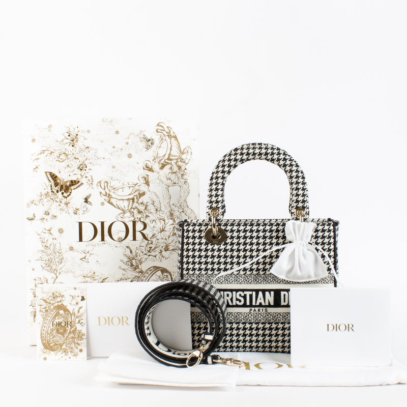 Authentic Second Hand Christian Dior Black and White Houndstooth Canvas Medium Lady Dior Top Handle on Labellov.com