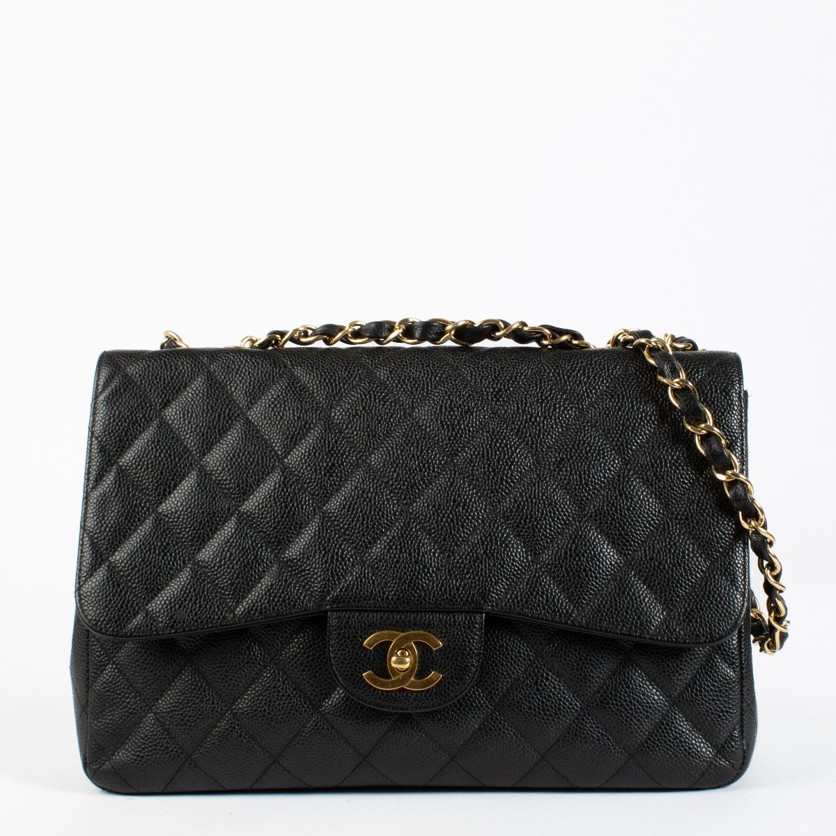 Authentic Chanel Black Caviar Leather Classic Flap Bag with gold hardware at Labellov.com