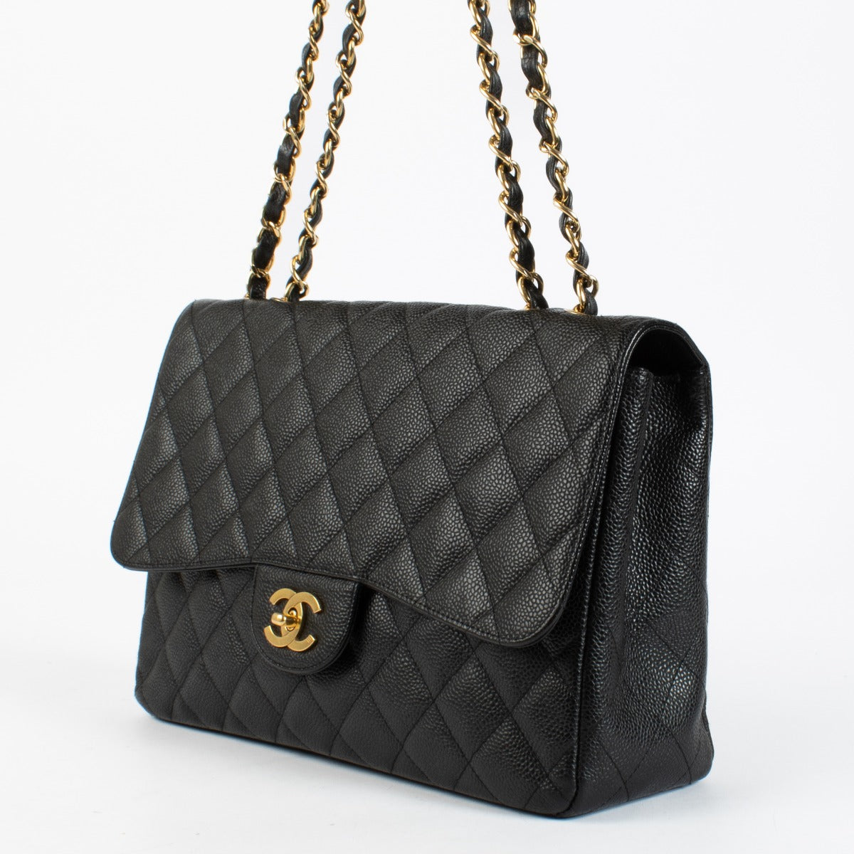 Authentic Chanel Black Caviar Leather Classic Flap Bag with gold hardware at Labellov.com