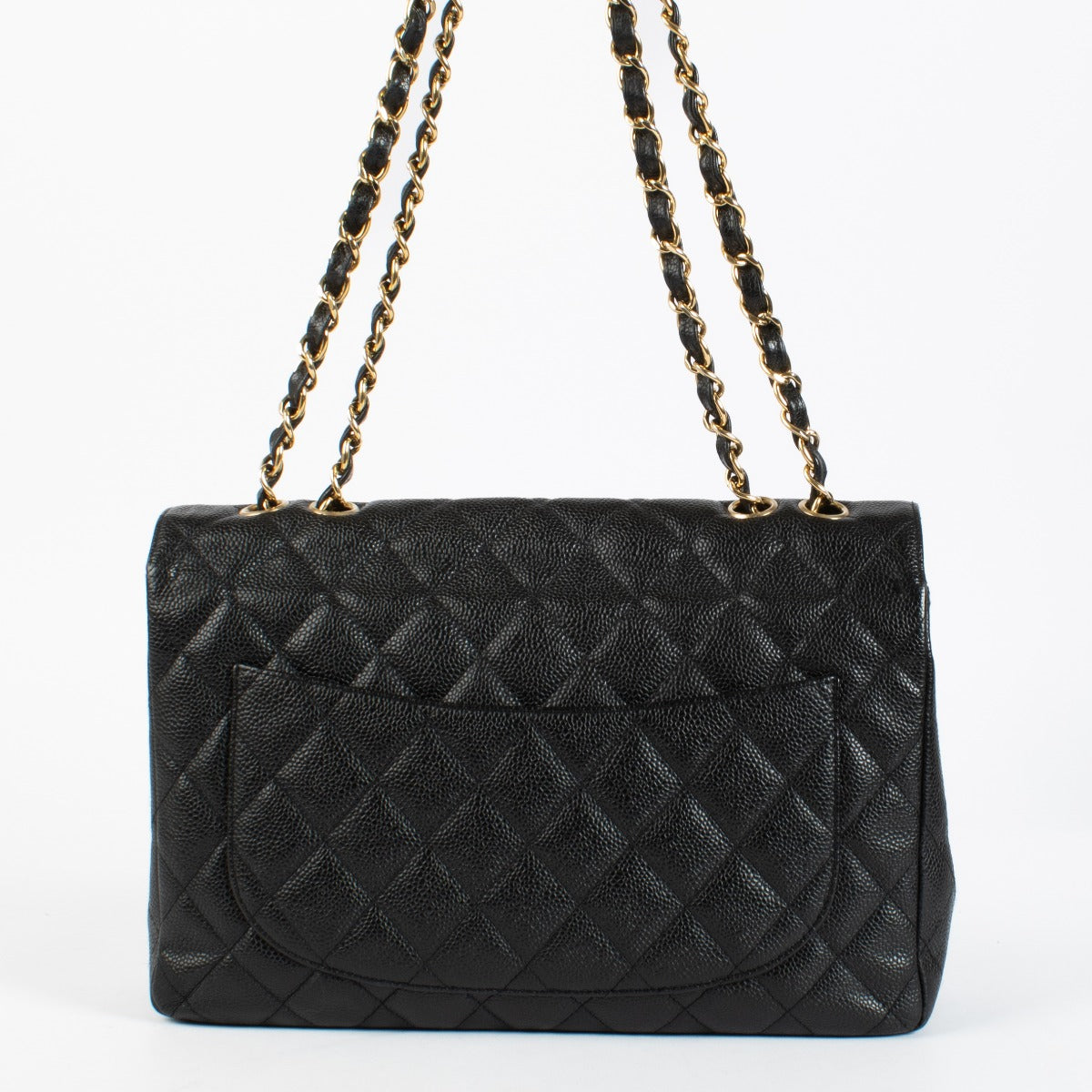 Authentic Chanel Black Caviar Leather Classic Flap Bag with gold hardware at Labellov.com
