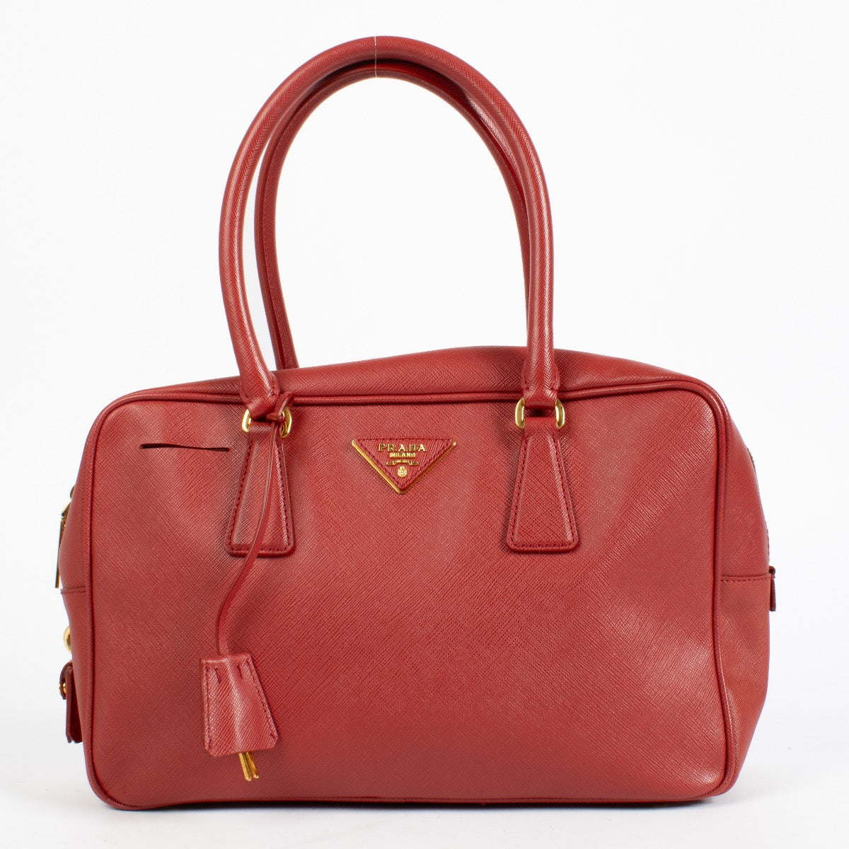 authentic preloved Prada Red Saffiano Lux Bowling Bag on Labellov.com