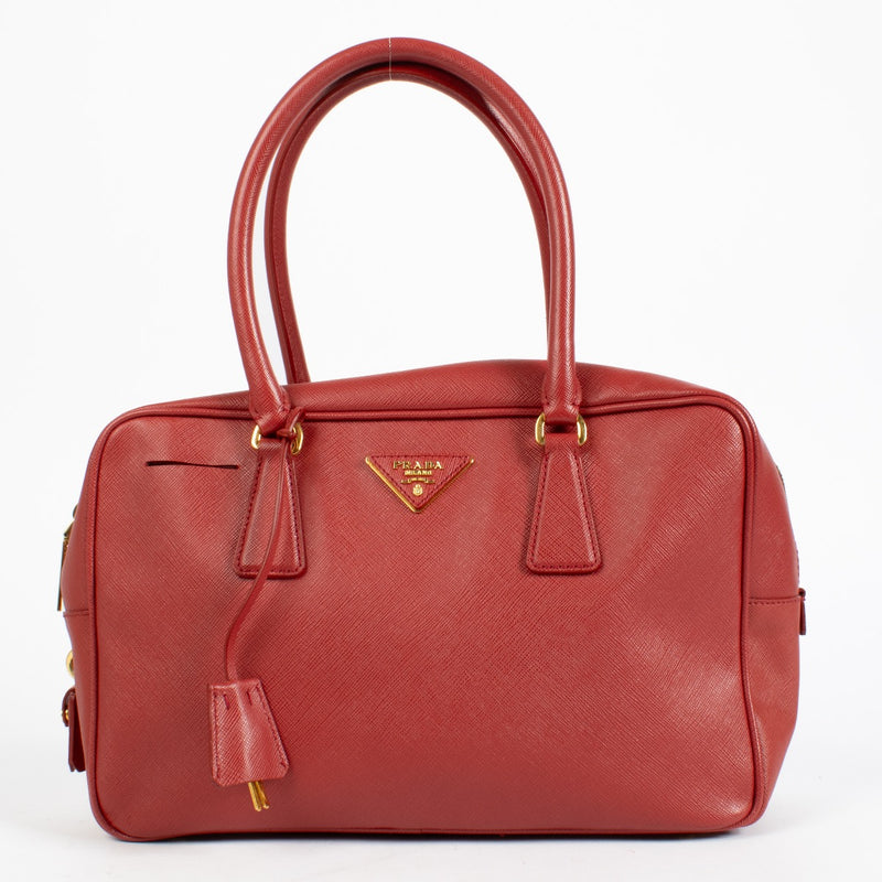 authentic preloved Prada Red Saffiano Lux Bowling Bag on Labellov.com