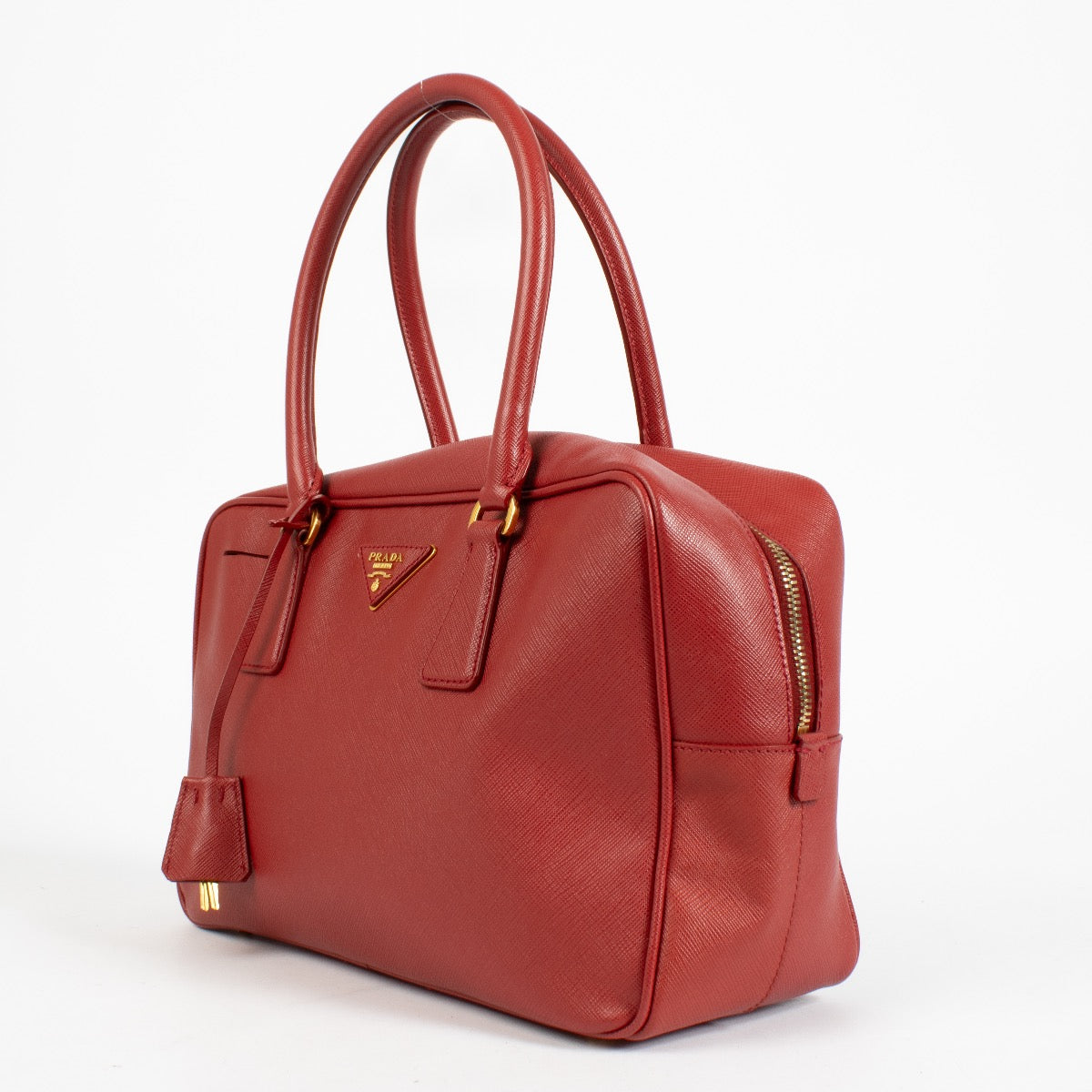 authentic preloved Prada Red Saffiano Lux Bowling Bag on Labellov.com