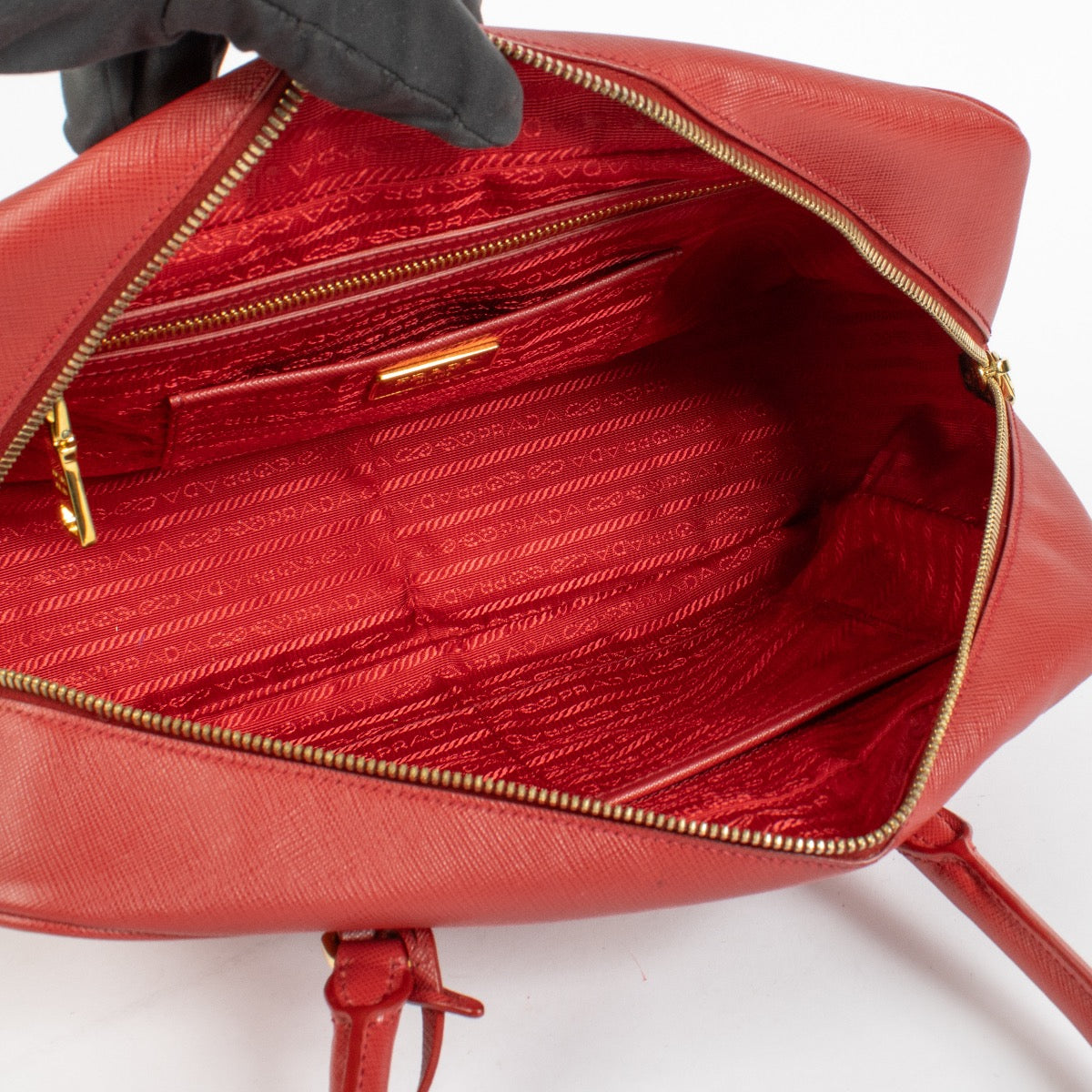 authentic preloved Prada Red Saffiano Lux Bowling Bag on Labellov.com