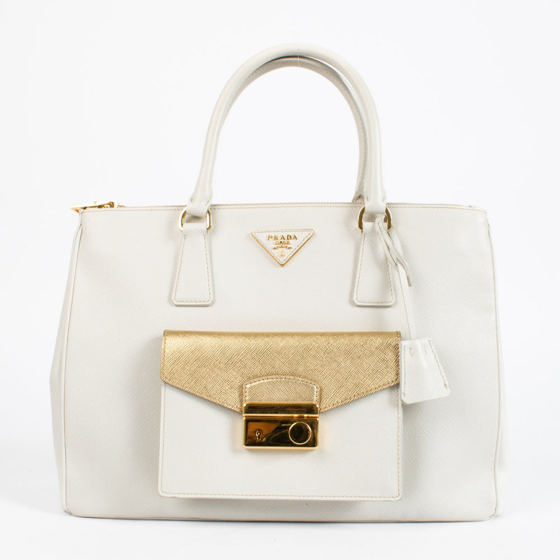 authentic preloved Prada White Saffiano Front Pocket Large Galleria Bag on Labellov.com