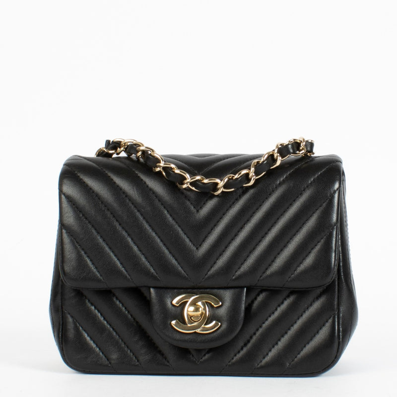 Chanel Black Chevron Mini Square Classic Handbag