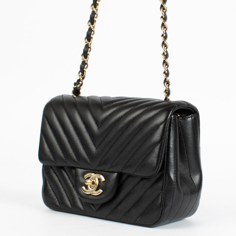 Chanel Black Chevron Mini Square Classic Handbag