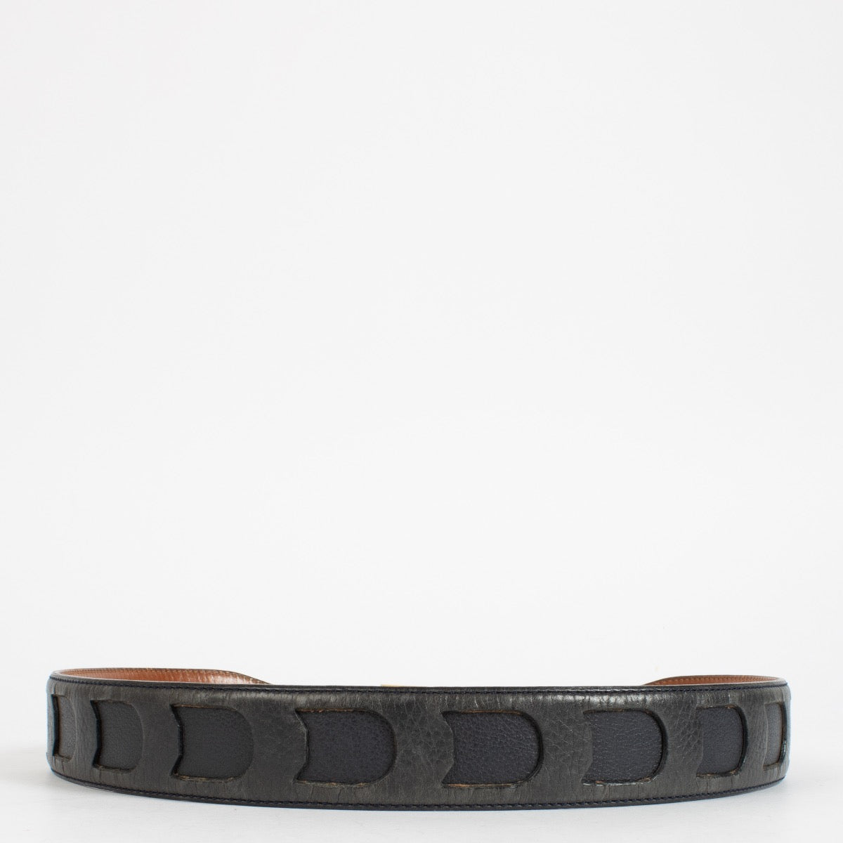 Delvaux Black Leather Belt with gold buckle and signature D cut-out design at Labellov.com