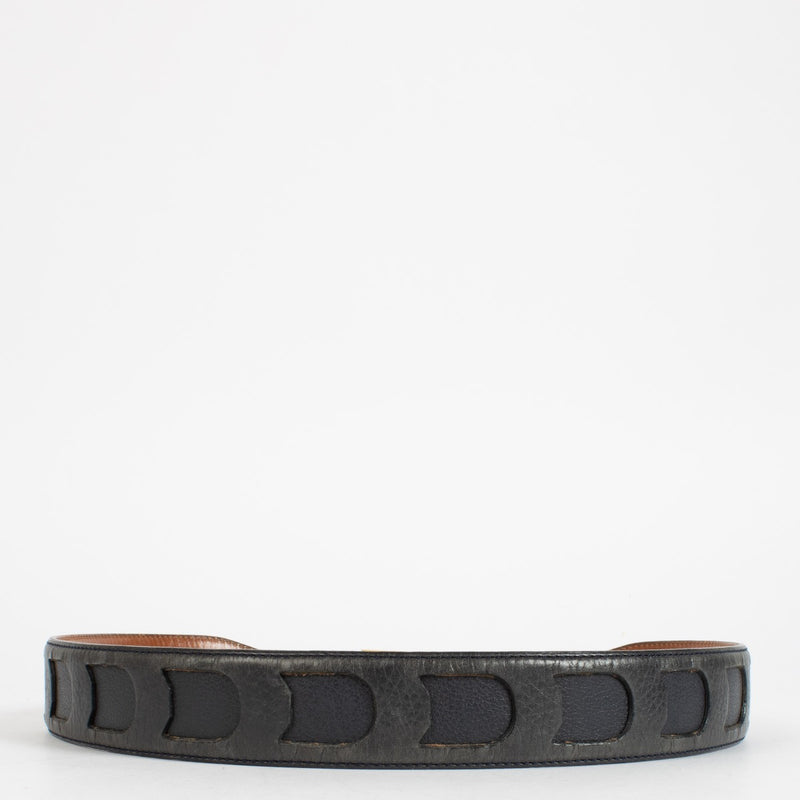 Delvaux Black Leather Belt with gold buckle and signature D cut-out design at Labellov.com