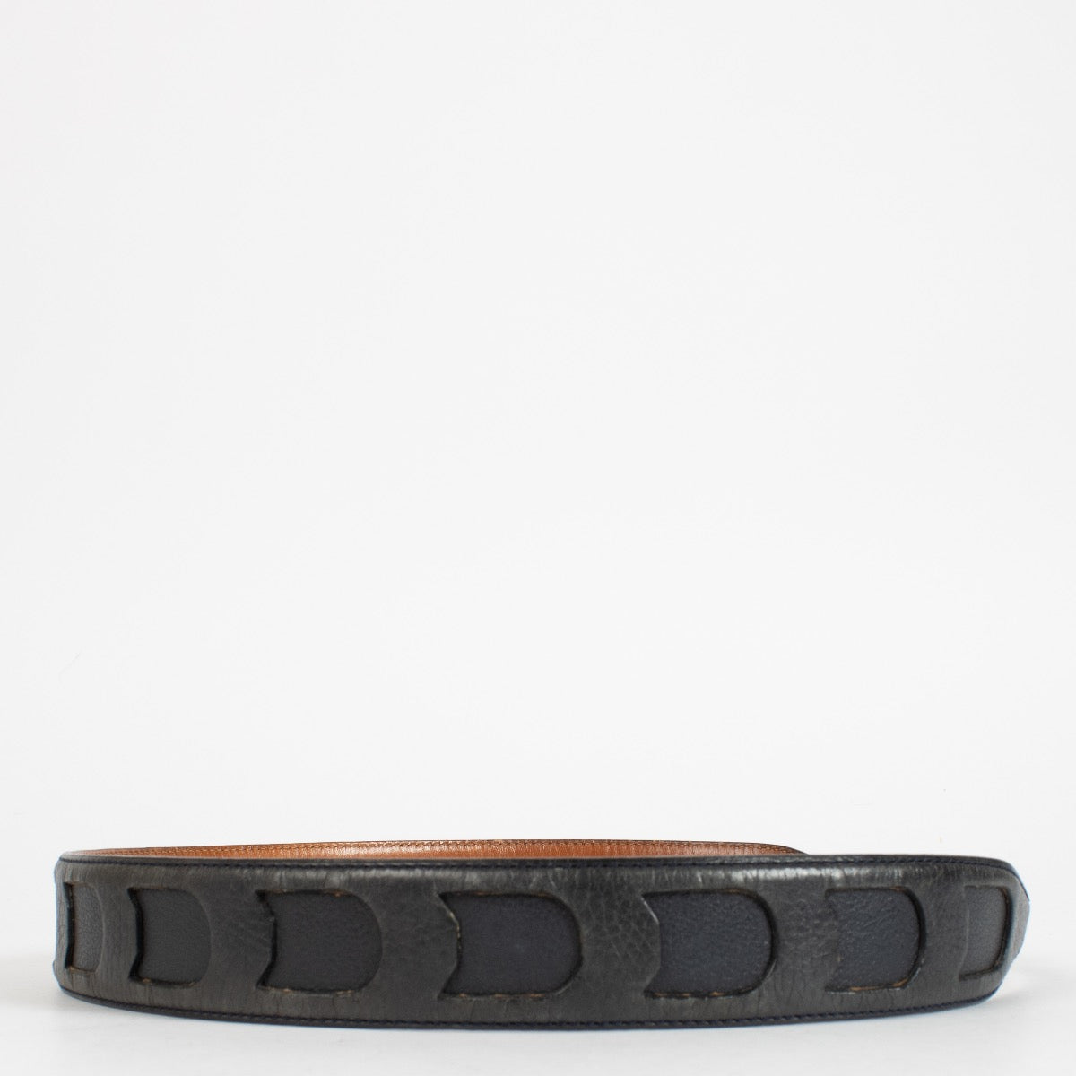 Delvaux Black Leather Belt with gold buckle and signature D cut-out design at Labellov.com