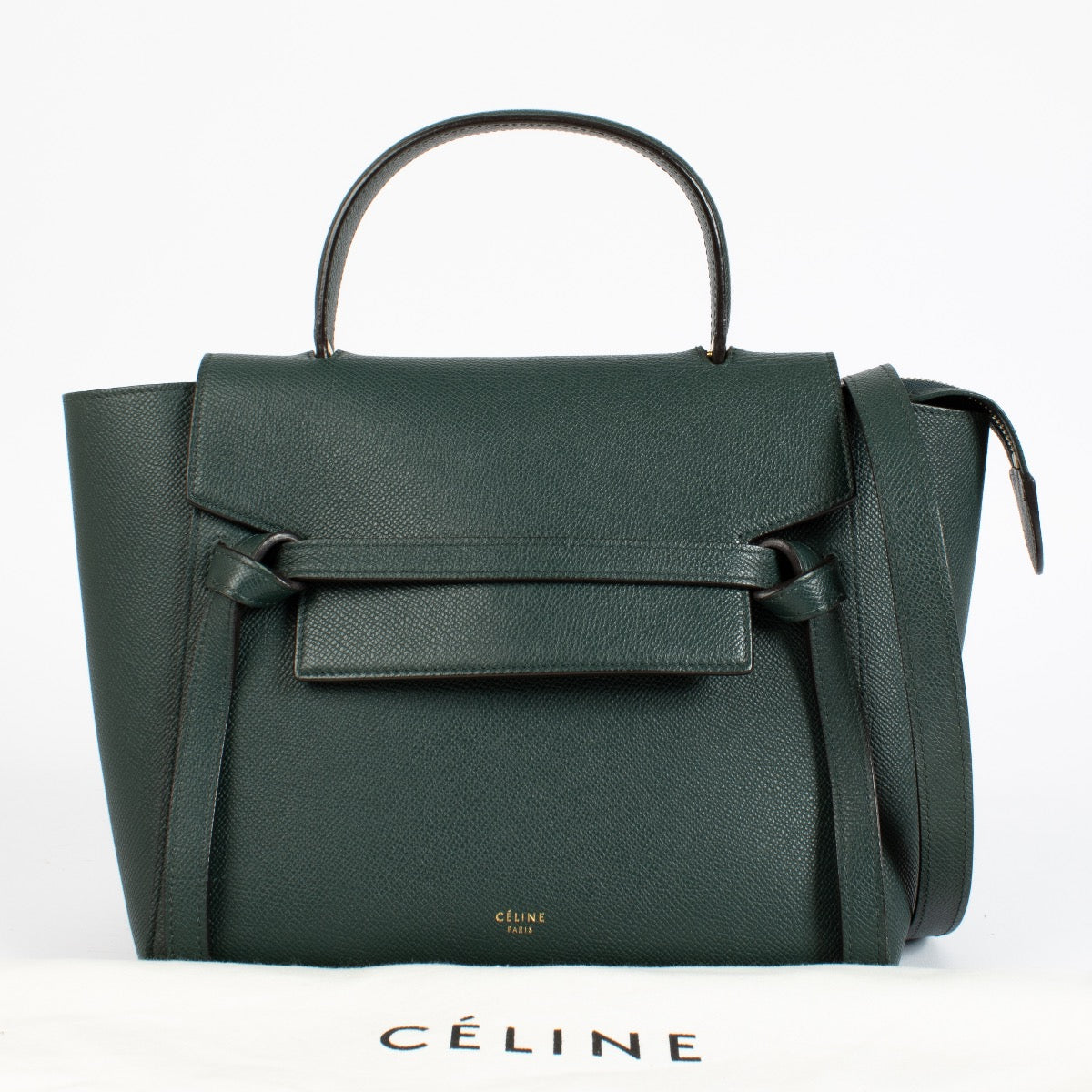 Authentic Celine Belt Bag Medium in forest green grained calfskin with gold hardware at Labellov.com.