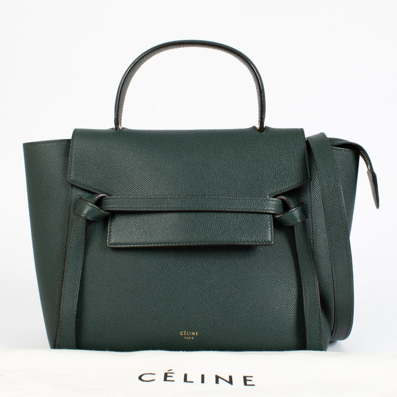 Authentic Celine Belt Bag Medium in forest green grained calfskin with gold hardware at Labellov.com.