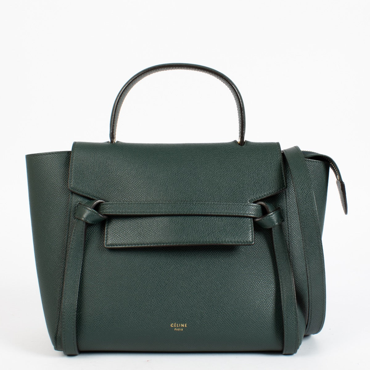 Authentic Celine Belt Bag Medium in forest green grained calfskin with gold hardware at Labellov.com.