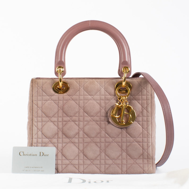 Authentic Pre-loved Christian Dior Old Rose Suede Medium Lady Dior Bag on Labellov.com