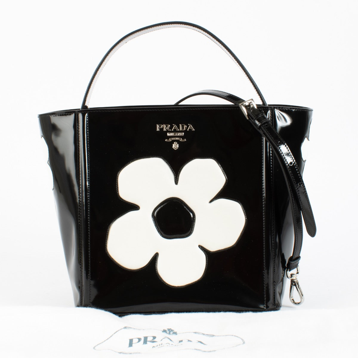 authentic preloved Prada SS13 Black Patent Floral Gardeners Tote Bag on Labellov.com