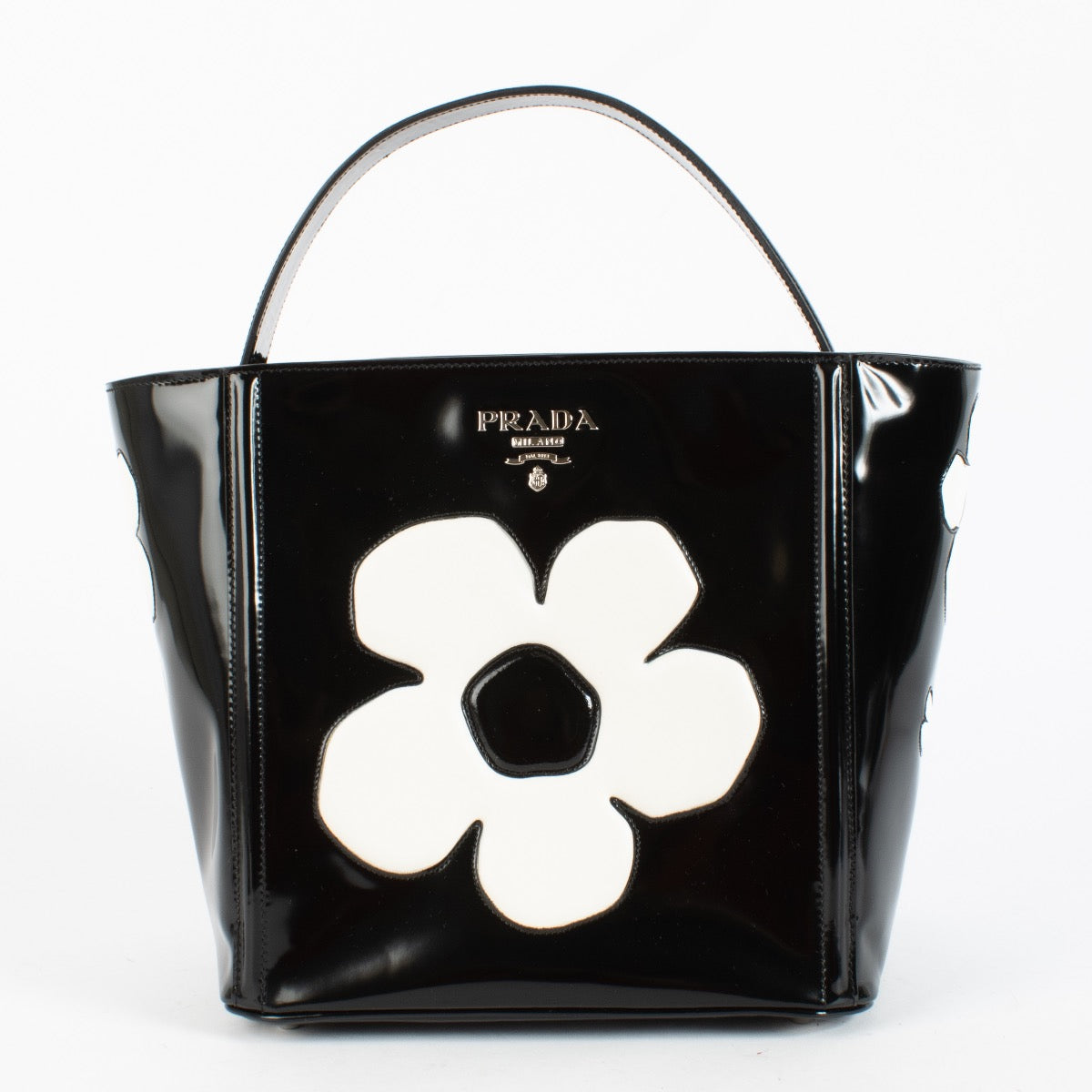 authentic preloved Prada SS13 Black Patent Floral Gardeners Tote Bag on Labellov.com