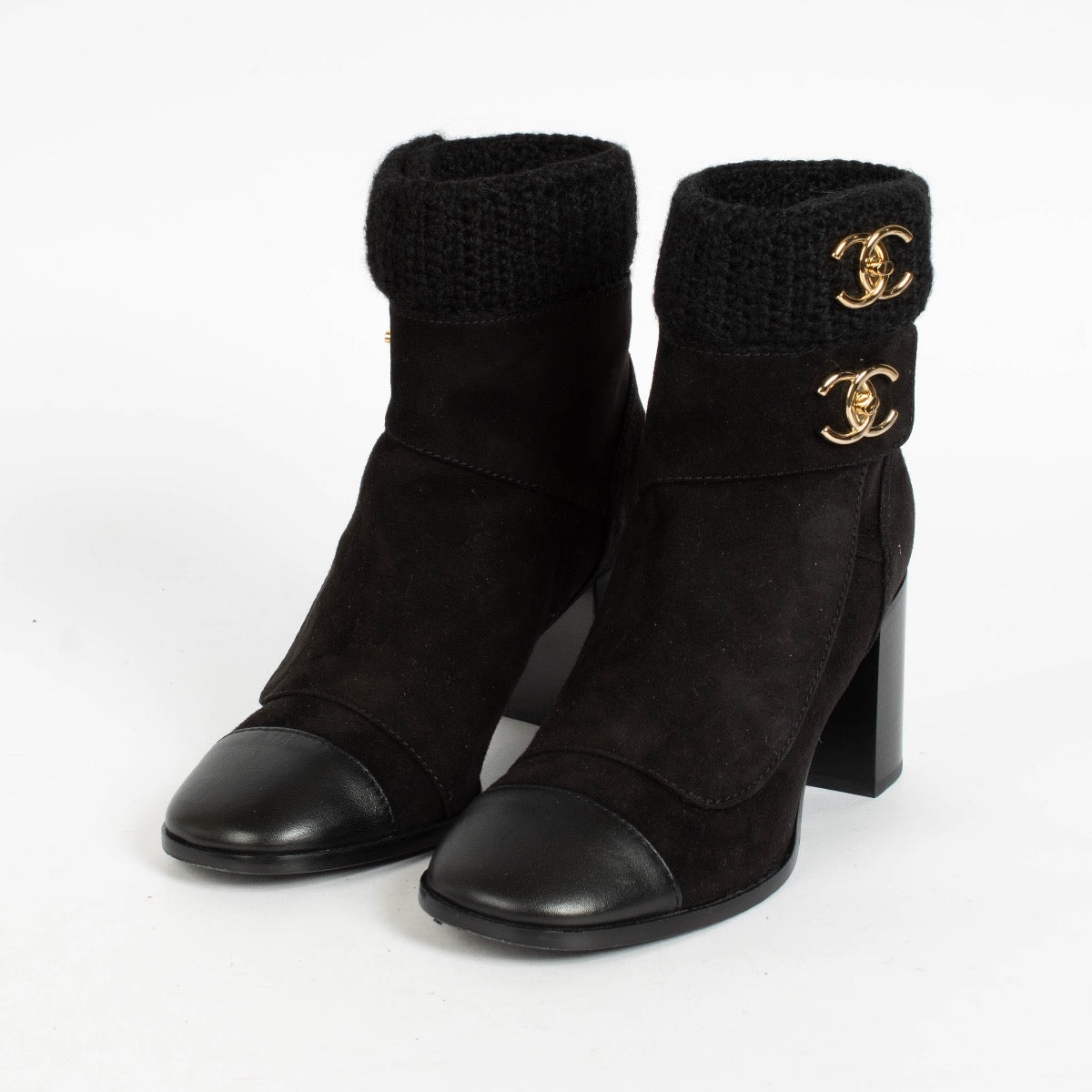 Authentic pre-loved Chanel Black Suede Lambskin Knit CC Short Boots on Labellov.com