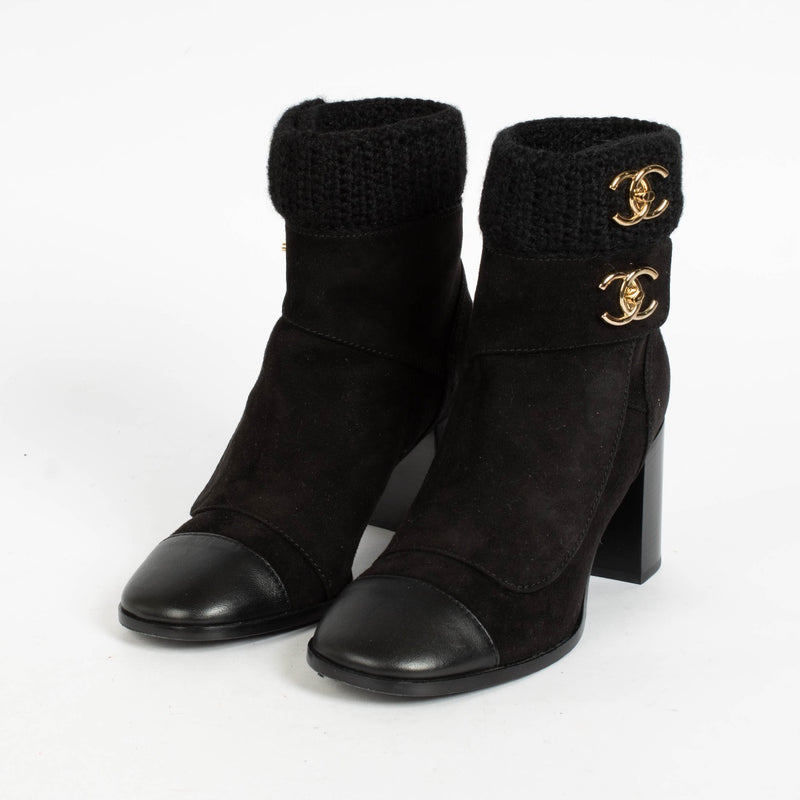 Authentic pre-loved Chanel Black Suede Lambskin Knit CC Short Boots on Labellov.com