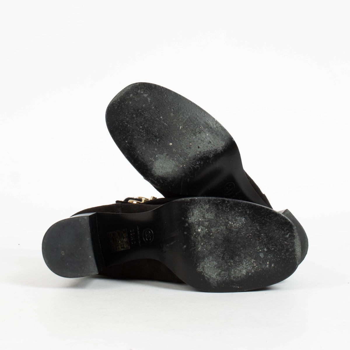 Authentic pre-loved Chanel Black Suede Lambskin Knit CC Short Boots on Labellov.com