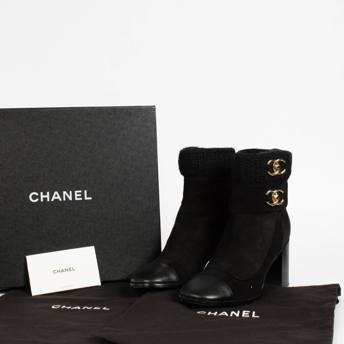 Authentic pre-loved Chanel Black Suede Lambskin Knit CC Short Boots on Labellov.com