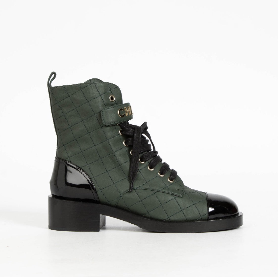 Bottes Chanel en cuir d'agneau vert à lacets avec logo - Taille 39 1/2