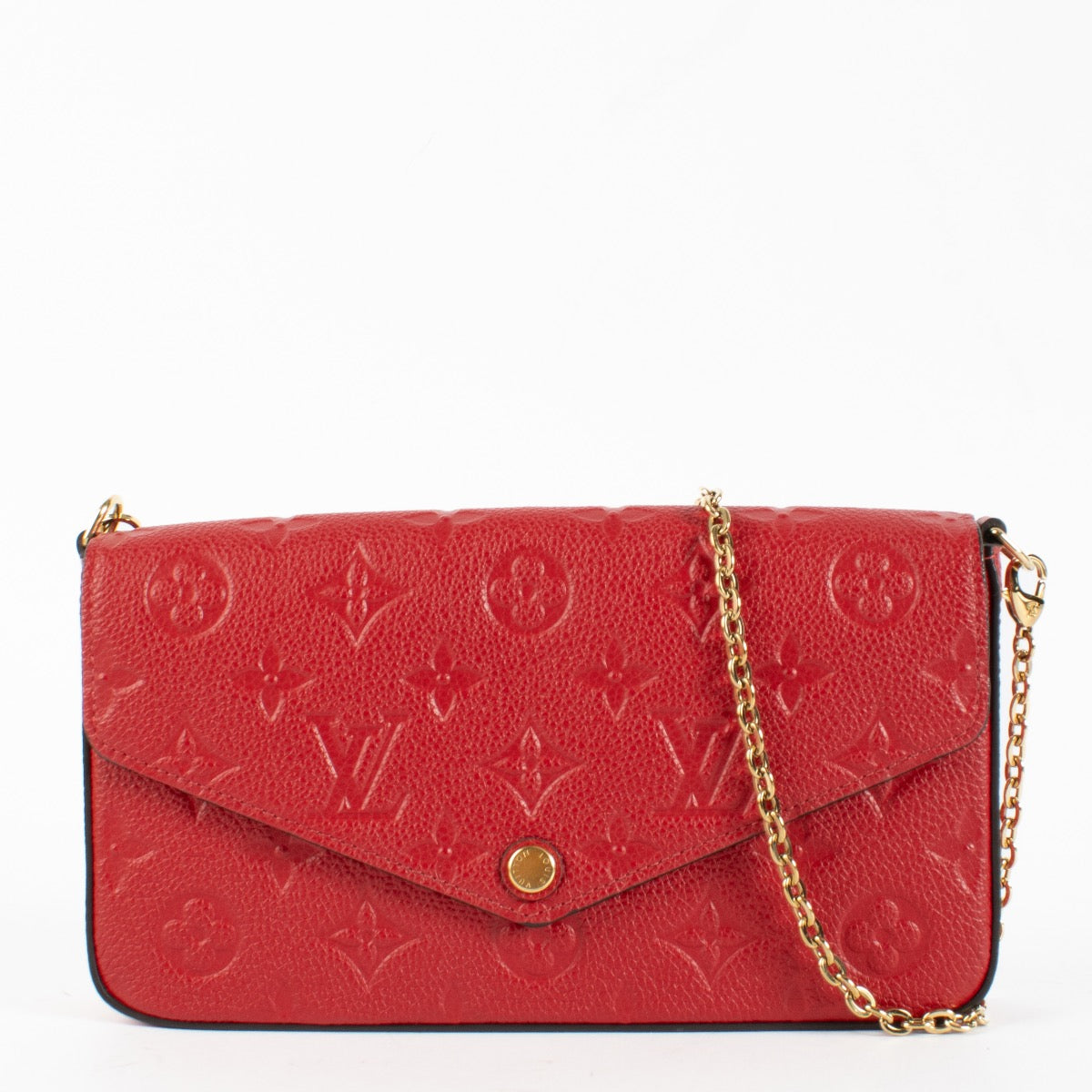 Authentic pre-loved Louis Vuitton Red Monogram Empreinte Pochette Felicie on Labellov.com