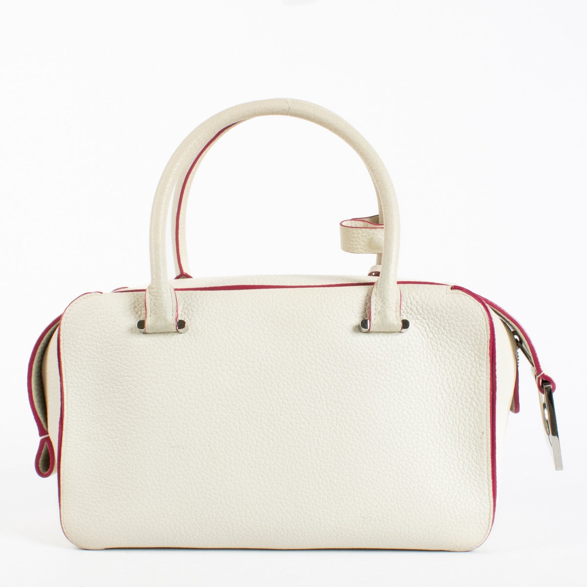 Delvaux White Cool Box MM in smooth white leather with pink edge detailing and silver-tone hardware, in good pre-loved condition, available at Labellov.com