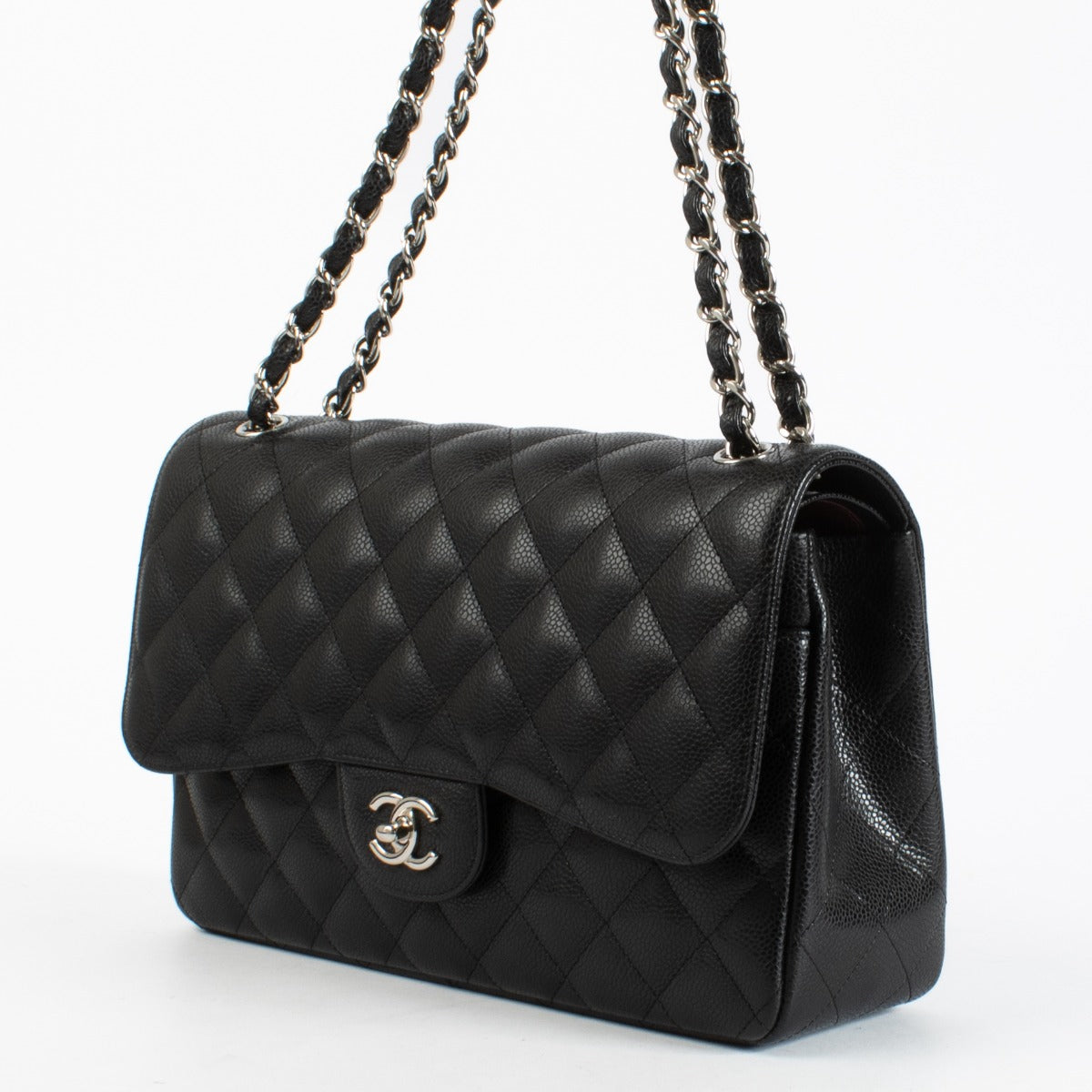 Chanel Black Caviar Large Classic Handbag with silver-tone hardware and burgundy leather interior available at Labellov.com
