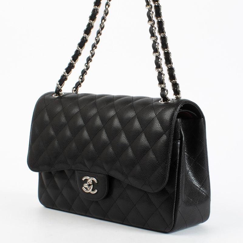 Chanel Black Caviar Large Classic Handbag with silver-tone hardware and burgundy leather interior available at Labellov.com
